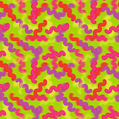 Colorful bright geometric seamless pattern. An illustration with a trend motion blur effect. Red, pink, purple, yellow squiggles with texture on an acid-green background