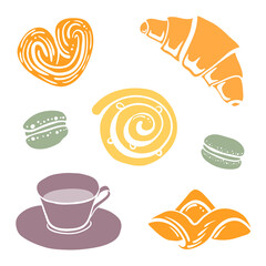 Colorful paper cut collection of pastry and desserts isolated on white background. Doodle hand drawn bakery products icons. Vector illustration