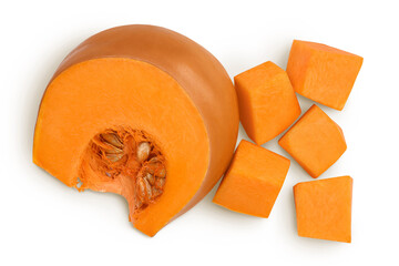 Fresh orange pumpkin isolated on white background with clipping path and full depth of field. Top view. Flat lay