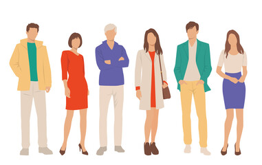 Obraz premium Set of young men and women, different colors, cartoon character, group of silhouettes of standing business people, students, the design concept of flat icon, isolated on white background