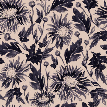 Two toned watercolor floral seamless pattern with isolated flowers of Gerbera in full bloom on beige. Hand drawn flowers blossom in freehand ink style. Package, textile, wallpaper, fabric, bedding.