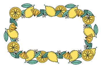 Beautiful background with yellow lemons, green leaves for summer design. Collection of juicy solar decorative elements. Fresh fruit, vitamin C. Modern design. Banner, postcard, signboard, decoration