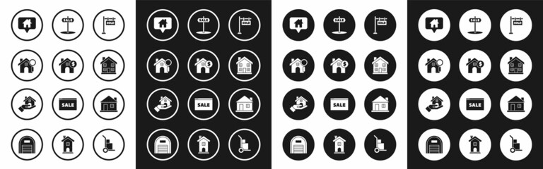 Set Hanging sign with text Sold, House dollar symbol, Search house, Map pointer, Home, Sale, and Realtor icon. Vector