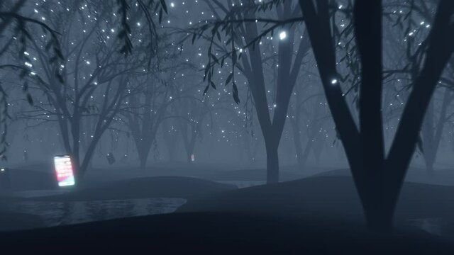 3D CGI Animation Loop Through Mystical Forest During Foggy Night. Video Game Scene with Modern Smart Phones as Rewards