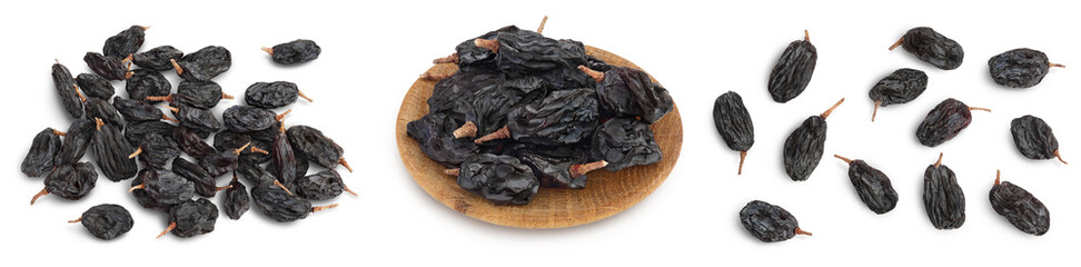 Black raisin isolated on white background with clipping path. Top view. Flat lay. Set or collection