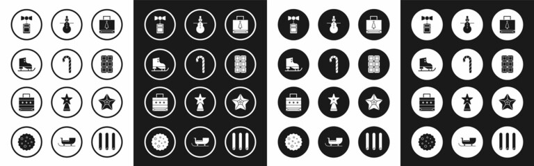 Set Christmas paper shopping bag, candy cane with stripes, Figure skates, Price tag inscription Sale, Chocolate bar, snowman, star and icon. Vector