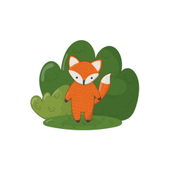 Cartoon cute red fox in the green forest. Vector illustration on a white isolated background. For cards, t-shirts, children's clothing