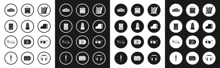 Set Harp, Metronome with pendulum in motion, Music player, CD, Grand piano, Guitar amplifier, Drums and sticks icon. Vector