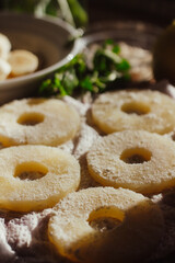 Pineapple slices and mint, shot on sunlight. 
