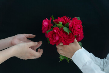 boy's hands hold bouquet of red roses and gives it to girl on black background, copyspace. Greetings concept