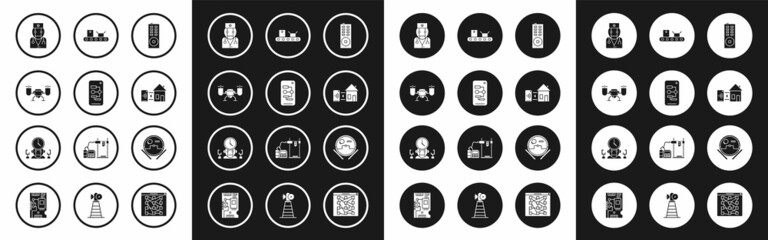 Set Remote control, Algorithm, Drone flying with action camera, Robot doctor, Smart home, Conveyor belt cardboard box, vacuum cleaner and and digital time manager icon. Vector