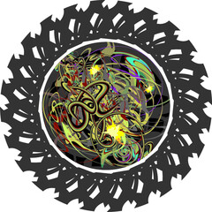 Illuminated abstract circle on a white background for your creative ideas. Floral elements, twisted lines on a dark gray background for wallpaper, textiles, fashion trends, interior solutions, etc.