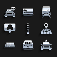 Set Traffic light, Laptop call taxi service, Taxi car, Location on the globe, roof, Map pointer with, Tram and railway and icon. Vector
