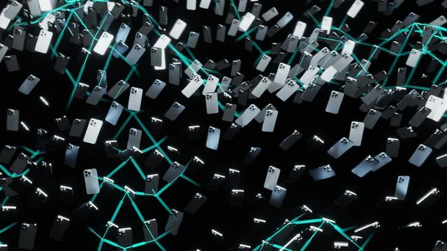 3D CGI Animation of Modern Cellphones Connected In A Network Grid 