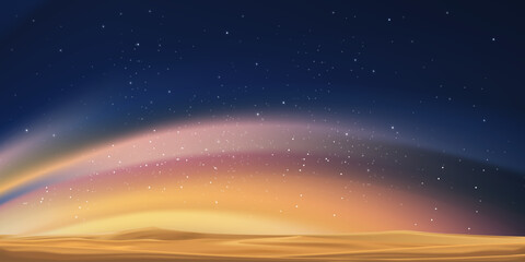 Milky Way and Orange light on desert sand dunes,Night colourful landscape with Starry sky,Beautiful Universe with Space background of galaxy.Vector banner Star field in night sky for travel background © Anchalee