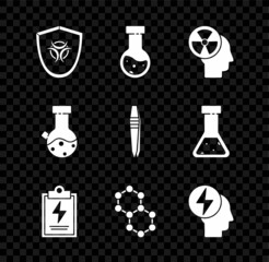Set Biohazard symbol on shield, Test tube and flask chemical, Human head radiation, Laboratory clipboard with checklist, Molecule, Head electric, and Tweezers icon. Vector