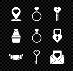 Set Map pointer with heart, Wedding rings, Key shape, Heart wings, Envelope, and icon. Vector