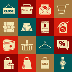 Set Wrist watch, Discount percent tag, Envelope with an interest discount, Skirt, Gift box, Hanging sign Closed and Paper check and financial check icon. Vector