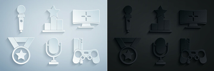 Set Microphone, Computer monitor, Medal, Game console with joystick, Star and Joystick for arcade machine icon. Vector