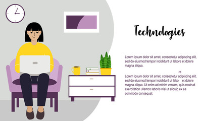 A woman sits with a laptop on an armchair at home. I work on a computer. Freelance, online education or social media concept.