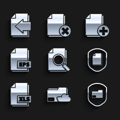 Set Document with search, Cloud storage text document folder, protection, concept, XLS file, EPS, Add new and Next page arrow icon. Vector