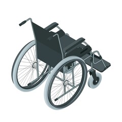 Fototapeta na wymiar Isometric Wheelchair isolated. Medical support equipment. Health care concept. Chair with wheels, used when walking is difficult or impossible due to illness, injury, or disability.