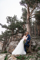 a beautiful couple of newlyweds cuddling on rock in mountain forest. honeymoon. 