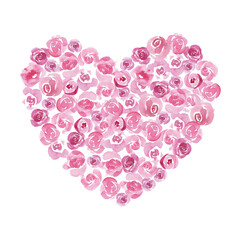 Spring, summer pink heart wreath of mini roses. Delicate meadow peonies. Wedding invitation frame, birthday card design. Watercolor hand painted isolated elements on white background.