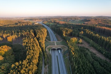 A wildlife bridge Ecoduct biocoridor for wildlife is an overpass that allows animals to cross a road EKODUKT construction aerial panorama view