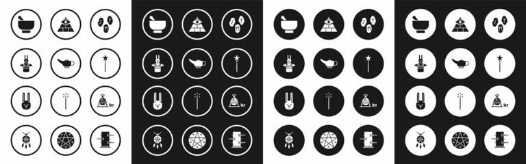 Set Magic runes, lamp or Aladdin, Magician hat and rabbit, mortar pestle, wand, Masons, Witch cauldron magic stone and Rabbit with ears icon. Vector