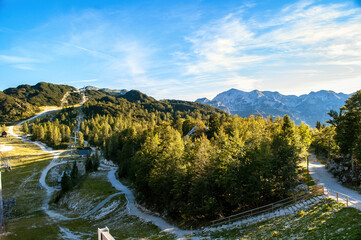 Rocky mountain peaks in the Julian Alps in Slovenia near the Vogel hill. Summer mountains and...