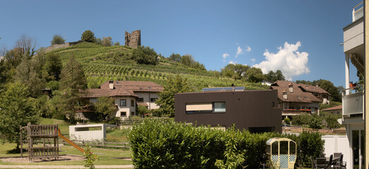 Fototapeta na wymiar Ruins atop vineyard in the Swiss town of Bad Ragaz
