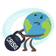 Cartoon Planet Earth Characters  wants to move a heavy weight with the inscription "Crisis". Crisis concept.