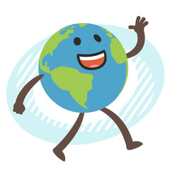 Planet Earth character walking and waving in greeting.