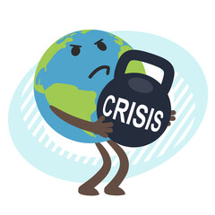 Cartoon Planet Earth Characters. Bent from the weight. Keeping a huge weight with the inscription "Crisis". Crisis concept