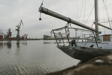 Front part of the mooring yacht in Docks on the Martwa Wisla in Poland city of Gdańsk with port...