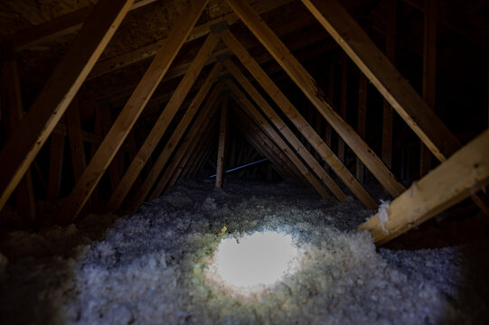 Dark attic with loose blown insulation seen throughout. 