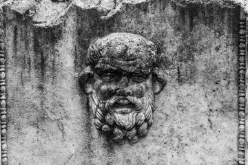A human head carved into marble found on a sarcophagus in the ancient city of Aphrodisias.