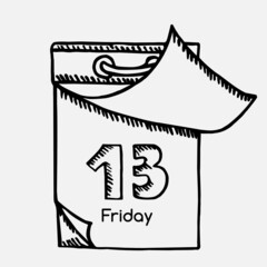 Tear-off calendar with date friday 13.hand drawn sketch in line style.concept of sale and important dates.