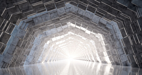 3d rendering. A corridor made of light marble with decorative elements on the wall extending into the distance.