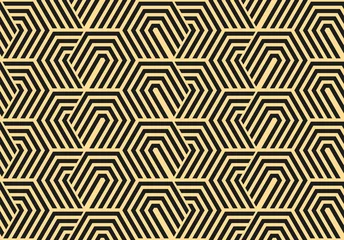 Gardinen Abstraktes geometrisches Muster mit Streifen, Linien. Nahtloser Vektorhintergrund. Gold und schwarze Verzierung. Einfaches Gittergrafikdesign © ELENA