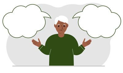 A sad grandfather tries to make the right decision. Left and right empty bubbles. Comparison of the two solutions.