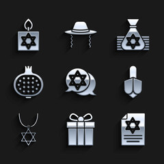 Set Star of David, Gift box, Torah scroll, Hanukkah dreidel, necklace on chain, Pomegranate, Jewish money bag and Burning candle icon. Vector