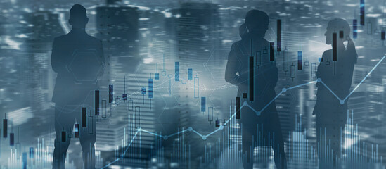 Trading candlestick chart and diagrams on blurred office center background people