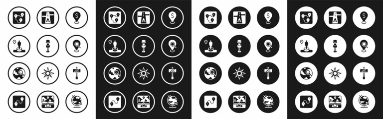 Set Cash location, Push pin, Location and monument, Route, Search, Gps device with map, Road traffic sign and Magnifying glass globe icon. Vector