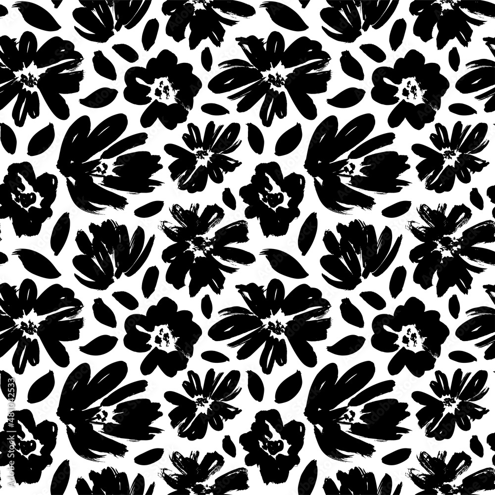 Wall mural plain floral drawing seamless pattern. silhouettes of blooming black flowers. elegant botanical patt