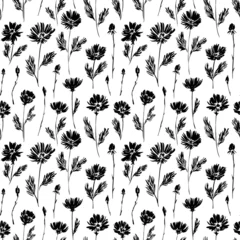 Gordijnen Silhouet weide bloemen naadloos patroon. Hand getekende abstracte ditsy bloemen sieraad. Botanische zwarte inkt vectorillustratie. Ontwerp in retrostijl voor textiel, inpakpapier, behangontwerp © Анастасия Гевко