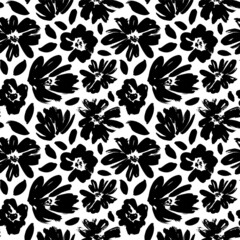 Plain floral drawing seamless pattern. Silhouettes of blooming black flowers. Elegant botanical pattern made of spring flowers. Hand drawn fabric, gift wrap, wall design. Nature ornament for textile