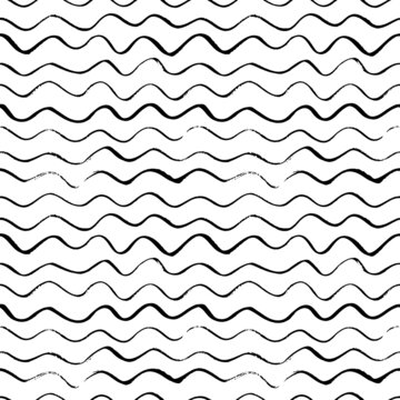 Black seamless wavy line pattern. Vector ink illustration. Abstract background with hand drawn waves. Curved brush strokes texture. Zebra grunge paint lines. Black and white ornament with tiny stripes