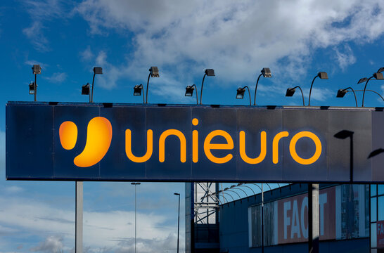 Genola, Cuneo, Italy - January 14, 2022: Sign with logo Unieuro, it is an Italian chain of stores specializing in IT, telephony, consumer electronics  and appliances